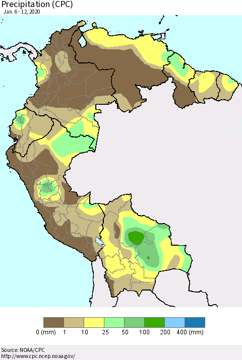 Northern South America Precipitation (CPC) Thematic Map For 1/6/2020 - 1/12/2020