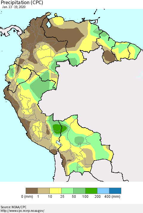 Northern South America Precipitation (CPC) Thematic Map For 1/13/2020 - 1/19/2020