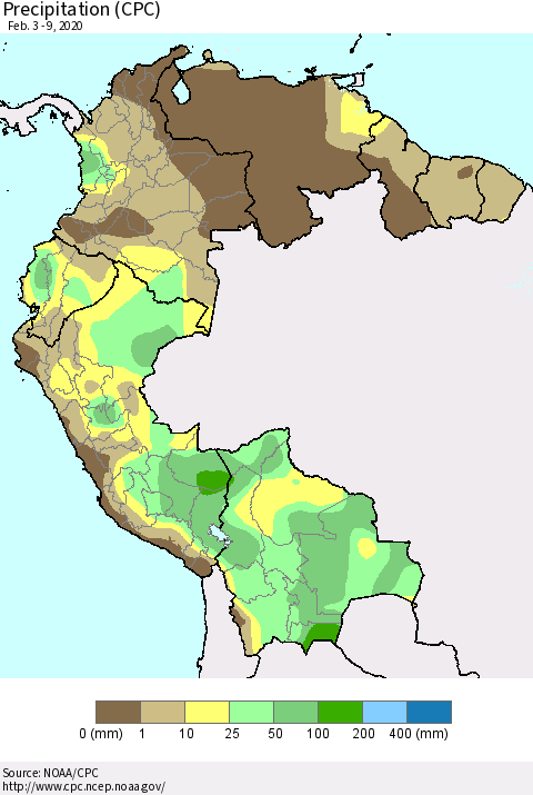 Northern South America Precipitation (CPC) Thematic Map For 2/3/2020 - 2/9/2020