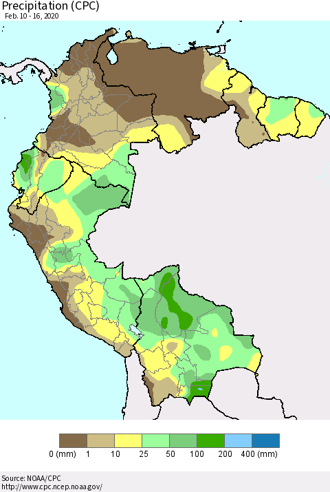 Northern South America Precipitation (CPC) Thematic Map For 2/10/2020 - 2/16/2020