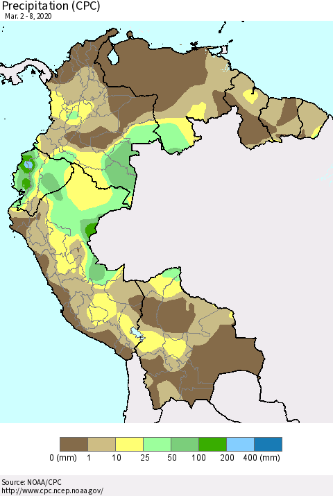 Northern South America Precipitation (CPC) Thematic Map For 3/2/2020 - 3/8/2020