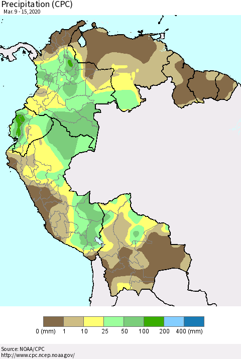 Northern South America Precipitation (CPC) Thematic Map For 3/9/2020 - 3/15/2020