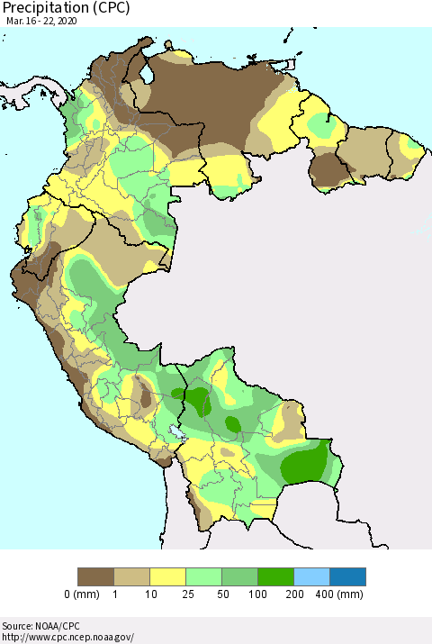 Northern South America Precipitation (CPC) Thematic Map For 3/16/2020 - 3/22/2020