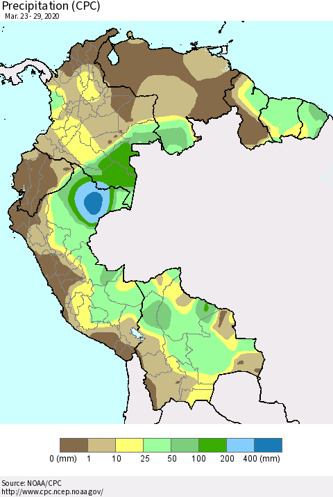 Northern South America Precipitation (CPC) Thematic Map For 3/23/2020 - 3/29/2020
