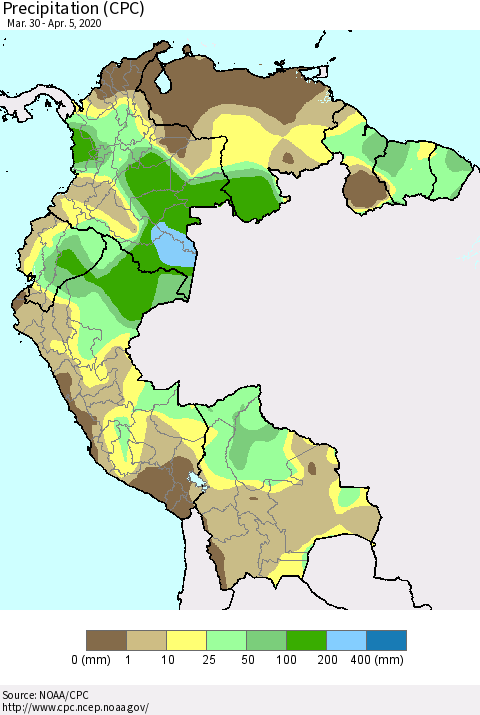 Northern South America Precipitation (CPC) Thematic Map For 3/30/2020 - 4/5/2020