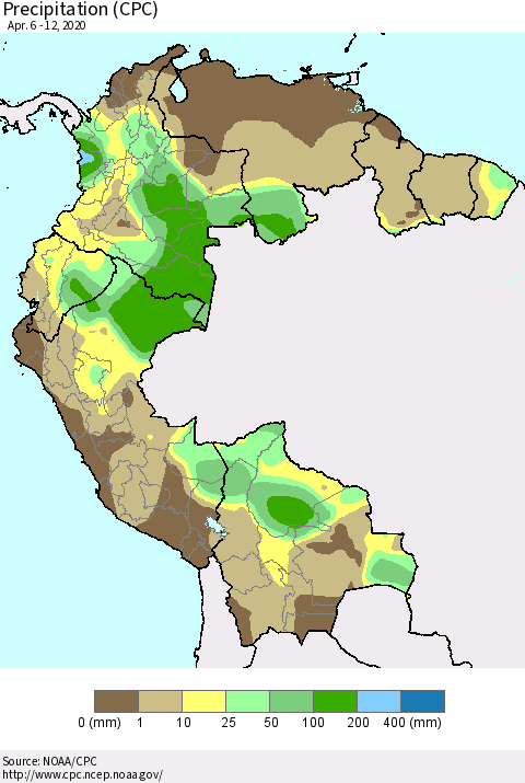 Northern South America Precipitation (CPC) Thematic Map For 4/6/2020 - 4/12/2020