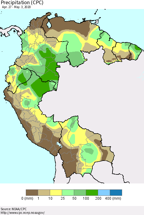 Northern South America Precipitation (CPC) Thematic Map For 4/27/2020 - 5/3/2020