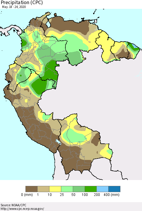 Northern South America Precipitation (CPC) Thematic Map For 5/18/2020 - 5/24/2020