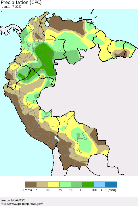 Northern South America Precipitation (CPC) Thematic Map For 6/1/2020 - 6/7/2020