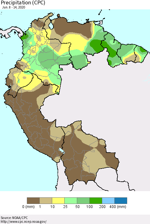 Northern South America Precipitation (CPC) Thematic Map For 6/8/2020 - 6/14/2020