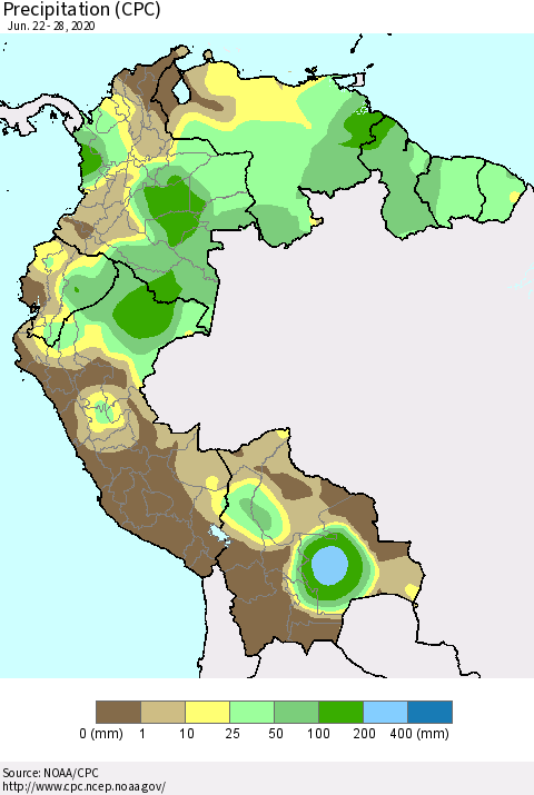 Northern South America Precipitation (CPC) Thematic Map For 6/22/2020 - 6/28/2020