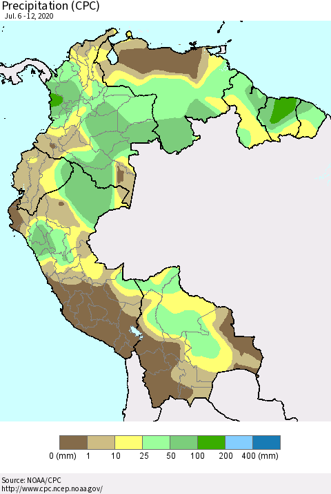 Northern South America Precipitation (CPC) Thematic Map For 7/6/2020 - 7/12/2020