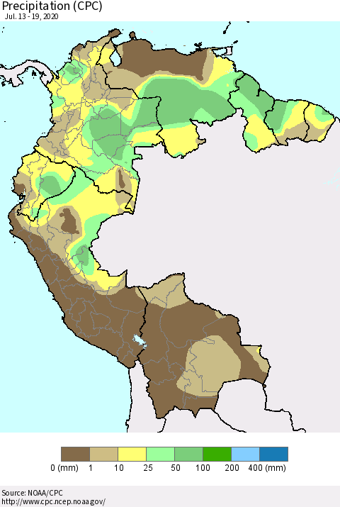 Northern South America Precipitation (CPC) Thematic Map For 7/13/2020 - 7/19/2020