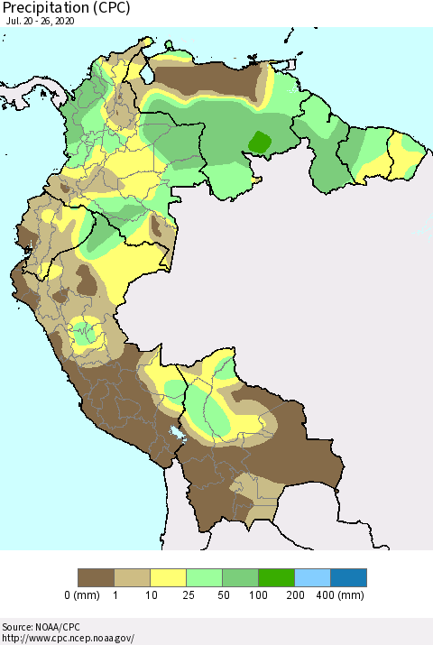 Northern South America Precipitation (CPC) Thematic Map For 7/20/2020 - 7/26/2020