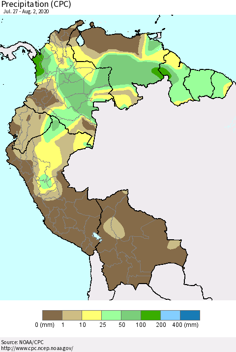 Northern South America Precipitation (CPC) Thematic Map For 7/27/2020 - 8/2/2020