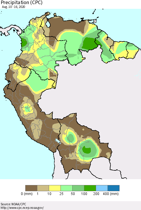 Northern South America Precipitation (CPC) Thematic Map For 8/10/2020 - 8/16/2020