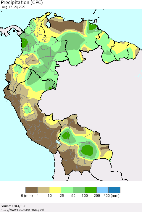 Northern South America Precipitation (CPC) Thematic Map For 8/17/2020 - 8/23/2020