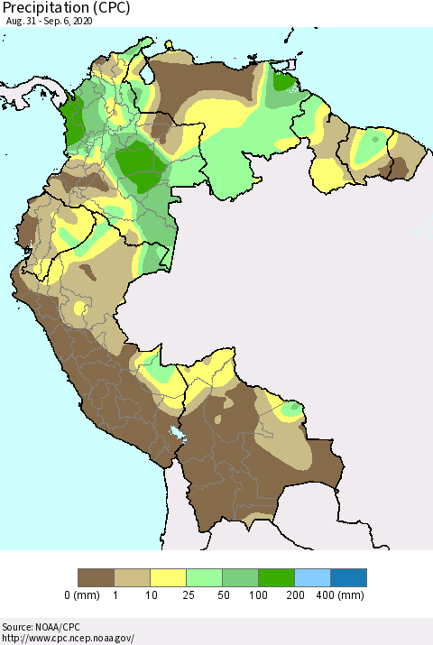 Northern South America Precipitation (CPC) Thematic Map For 8/31/2020 - 9/6/2020