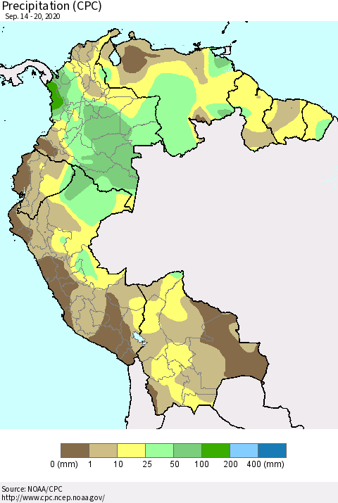 Northern South America Precipitation (CPC) Thematic Map For 9/14/2020 - 9/20/2020