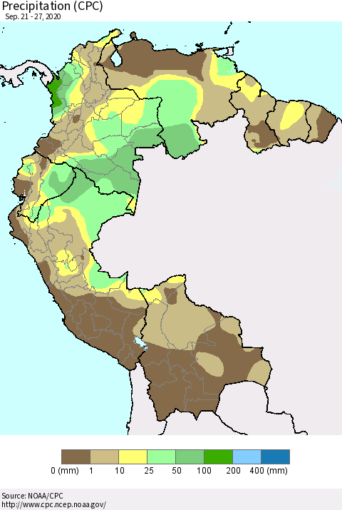 Northern South America Precipitation (CPC) Thematic Map For 9/21/2020 - 9/27/2020