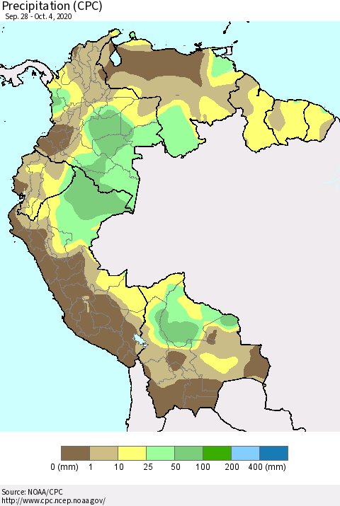 Northern South America Precipitation (CPC) Thematic Map For 9/28/2020 - 10/4/2020
