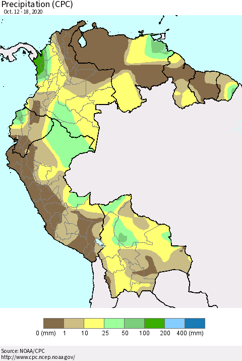 Northern South America Precipitation (CPC) Thematic Map For 10/12/2020 - 10/18/2020