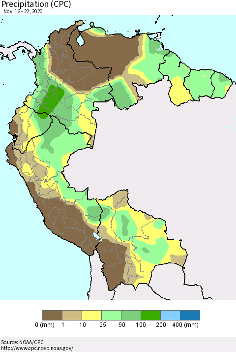 Northern South America Precipitation (CPC) Thematic Map For 11/16/2020 - 11/22/2020