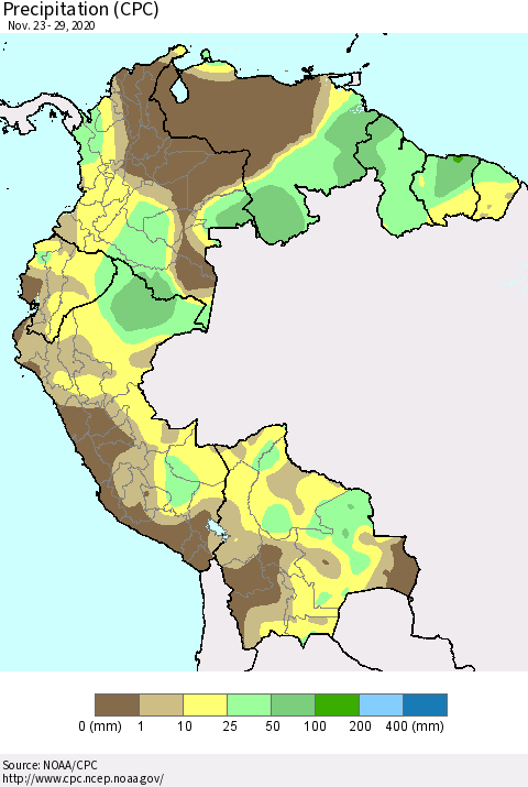 Northern South America Precipitation (CPC) Thematic Map For 11/23/2020 - 11/29/2020