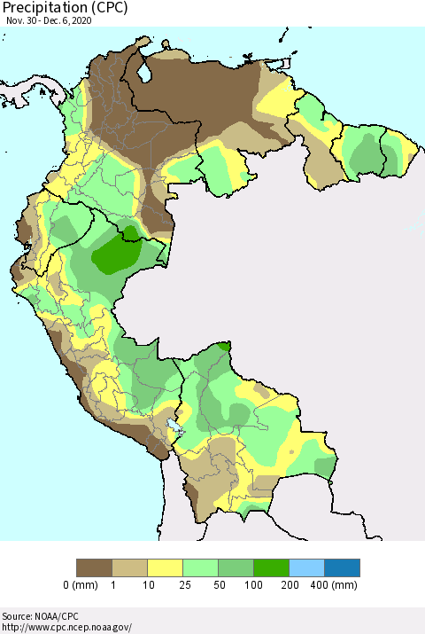 Northern South America Precipitation (CPC) Thematic Map For 11/30/2020 - 12/6/2020