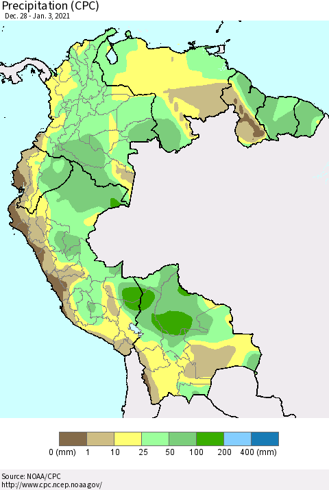 Northern South America Precipitation (CPC) Thematic Map For 12/28/2020 - 1/3/2021