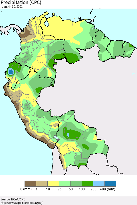 Northern South America Precipitation (CPC) Thematic Map For 1/4/2021 - 1/10/2021