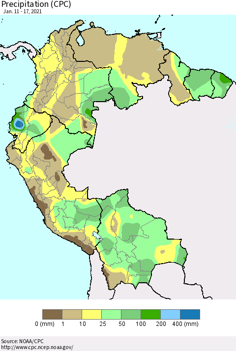 Northern South America Precipitation (CPC) Thematic Map For 1/11/2021 - 1/17/2021