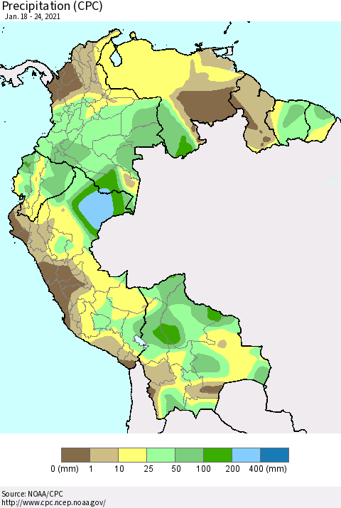 Northern South America Precipitation (CPC) Thematic Map For 1/18/2021 - 1/24/2021