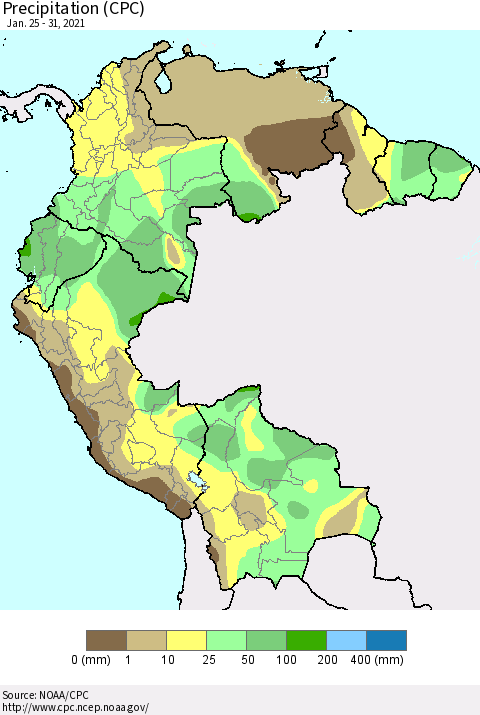 Northern South America Precipitation (CPC) Thematic Map For 1/25/2021 - 1/31/2021