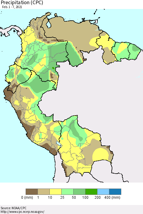 Northern South America Precipitation (CPC) Thematic Map For 2/1/2021 - 2/7/2021