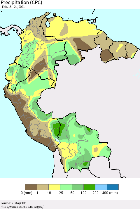 Northern South America Precipitation (CPC) Thematic Map For 2/15/2021 - 2/21/2021