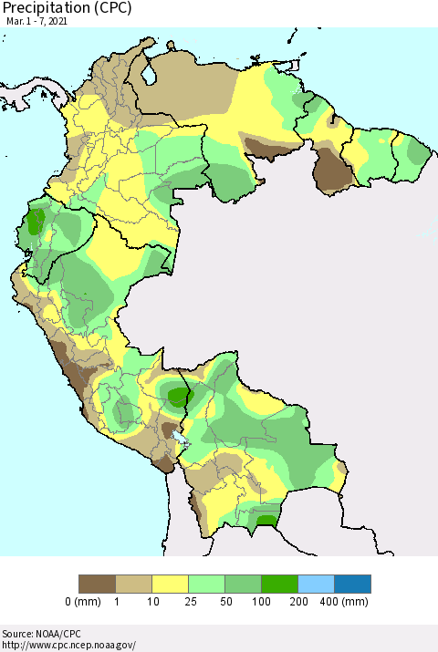 Northern South America Precipitation (CPC) Thematic Map For 3/1/2021 - 3/7/2021