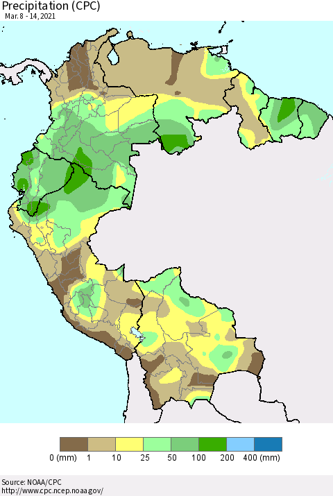 Northern South America Precipitation (CPC) Thematic Map For 3/8/2021 - 3/14/2021