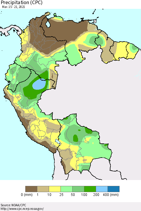 Northern South America Precipitation (CPC) Thematic Map For 3/15/2021 - 3/21/2021
