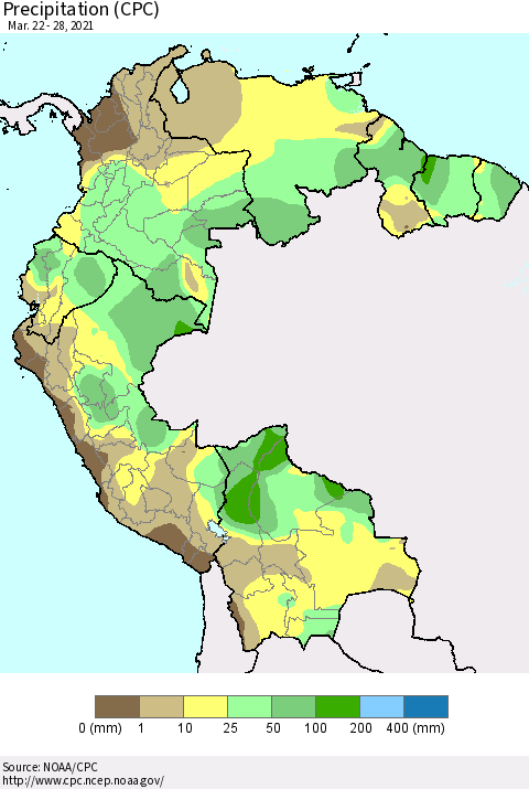 Northern South America Precipitation (CPC) Thematic Map For 3/22/2021 - 3/28/2021
