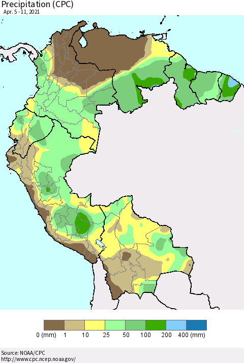 Northern South America Precipitation (CPC) Thematic Map For 4/5/2021 - 4/11/2021
