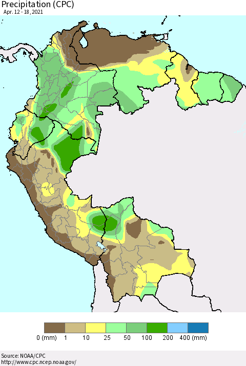 Northern South America Precipitation (CPC) Thematic Map For 4/12/2021 - 4/18/2021