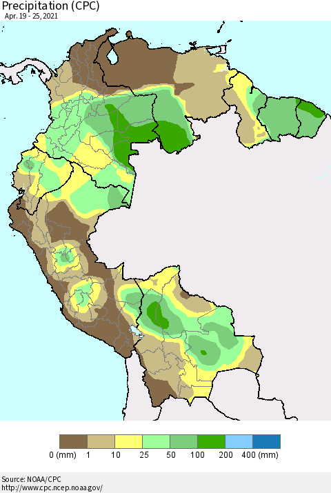 Northern South America Precipitation (CPC) Thematic Map For 4/19/2021 - 4/25/2021