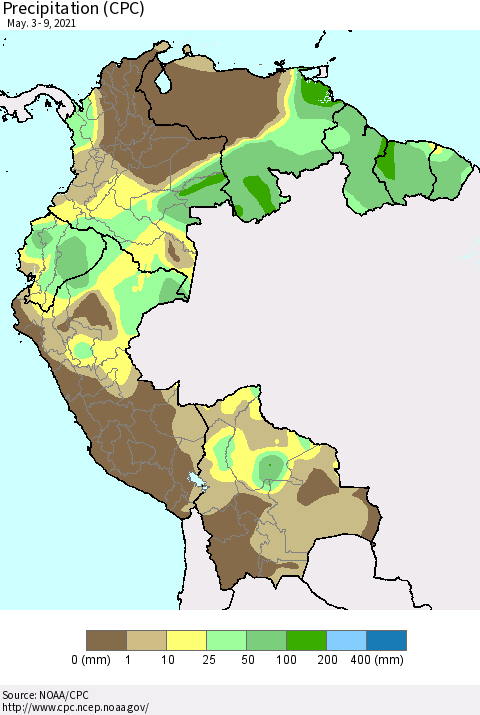 Northern South America Precipitation (CPC) Thematic Map For 5/3/2021 - 5/9/2021
