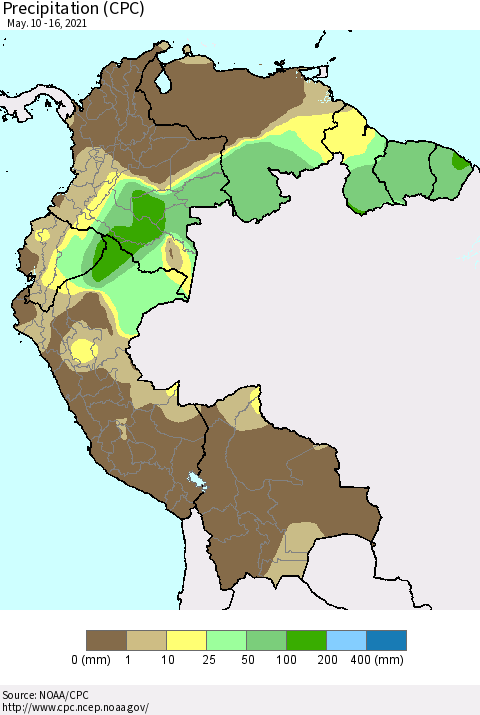 Northern South America Precipitation (CPC) Thematic Map For 5/10/2021 - 5/16/2021