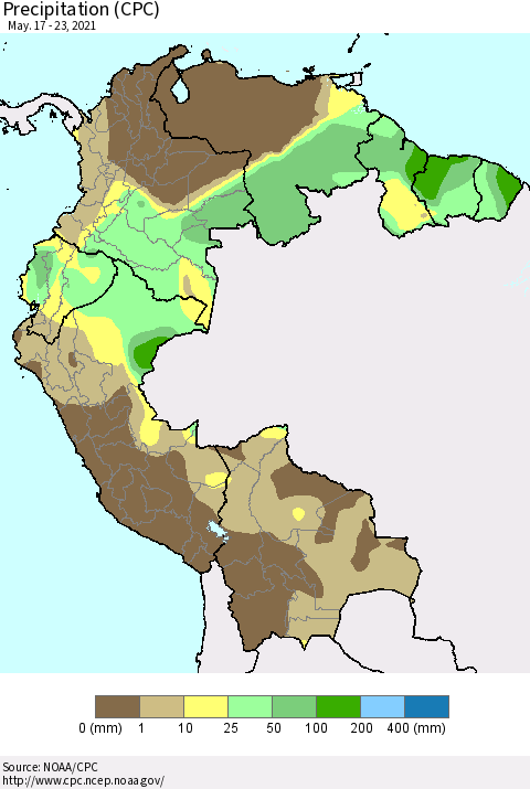Northern South America Precipitation (CPC) Thematic Map For 5/17/2021 - 5/23/2021