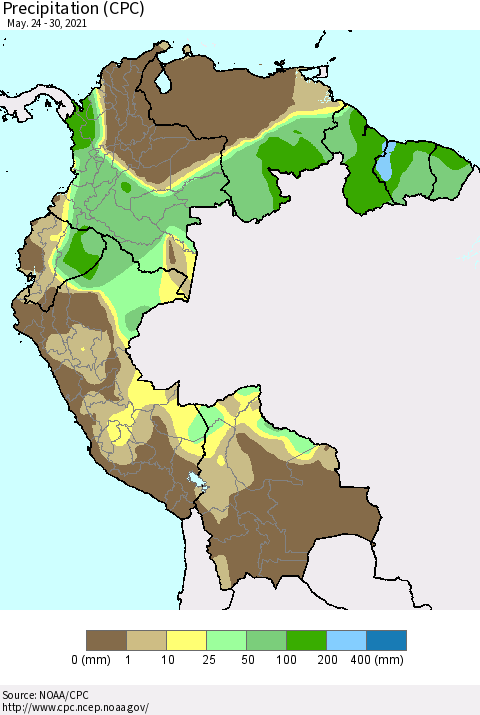 Northern South America Precipitation (CPC) Thematic Map For 5/24/2021 - 5/30/2021