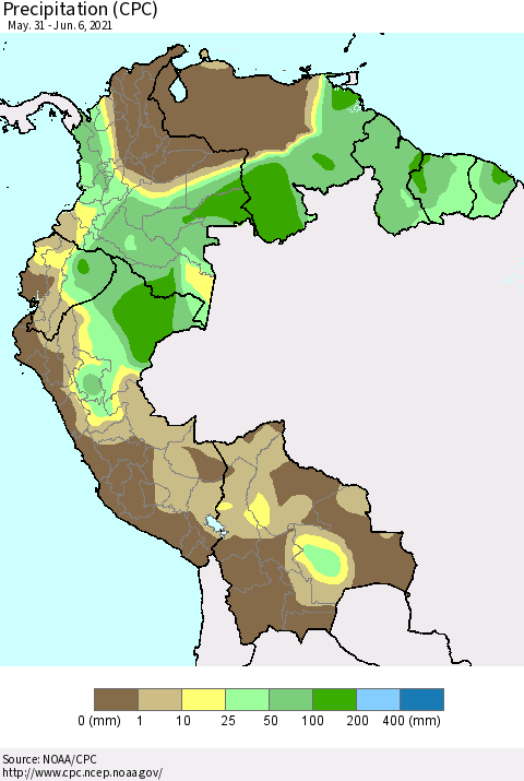 Northern South America Precipitation (CPC) Thematic Map For 5/31/2021 - 6/6/2021