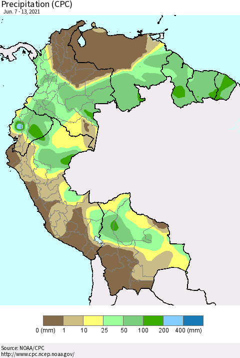 Northern South America Precipitation (CPC) Thematic Map For 6/7/2021 - 6/13/2021