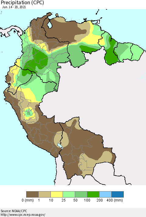 Northern South America Precipitation (CPC) Thematic Map For 6/14/2021 - 6/20/2021